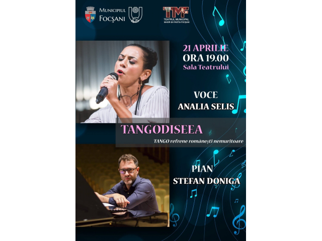 Duminică, 21 aprilie, ora 19.00 vă așteptăm la Teatrul Municipal la un spectacol inedit de tangouri românești. Duminică, 21 aprilie, ora 19.00 vă așteptăm la Teatrul Municipal la un spectacol inedit de tangouri românești.