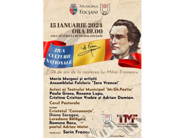 Seară eminesciană de Ziua Culturii Naționale la Teatrul Municipal „Mr. Gh. Pastia”