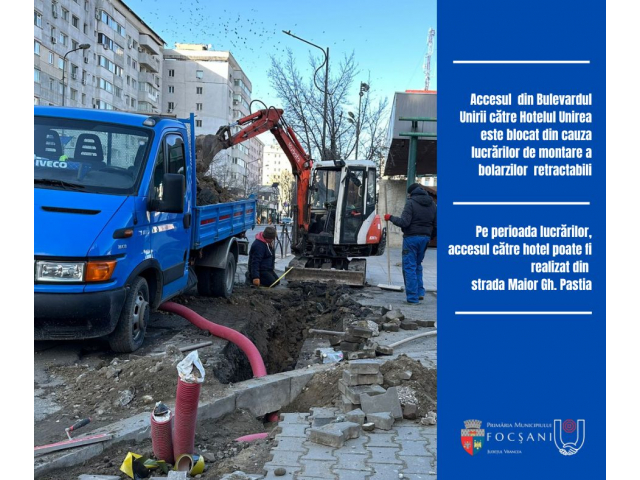 Accesul din Bulevardul Unirii către Hotelul Unirea a fost închis pe perioada lucrărilor de montare a bolarzilor retractabili