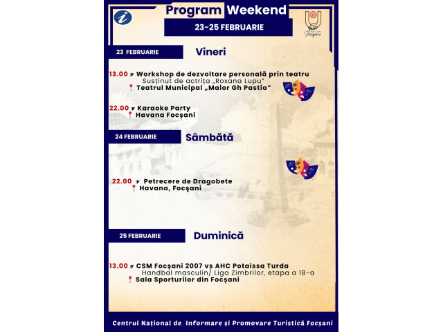 Program Weekend 23 – 25 februarie 2024 în Focșani