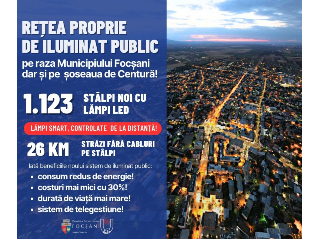 Rețele proprii de iluminat public modern în Focșani, fără fire pe stâlpi și mai eficient cu 30% decât rețeaua actuală