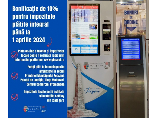 Bonificație de 10% pentru impozitele plătite integral până la 1 aprilie 2024