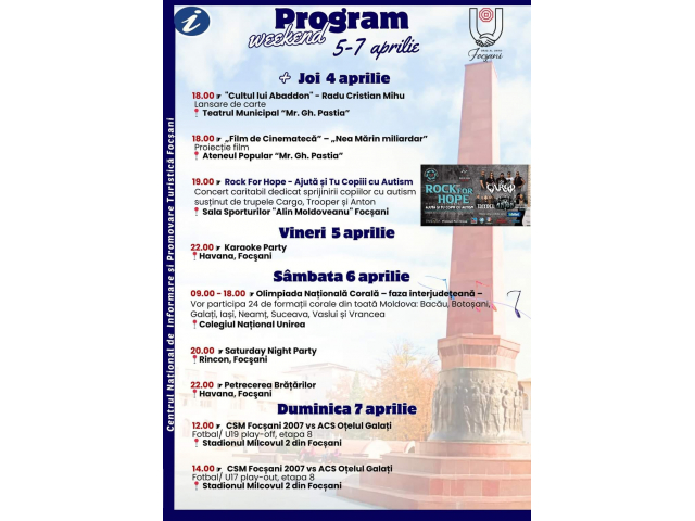 Program Weekend 5 – 7 aprilie 2024 în Focșani