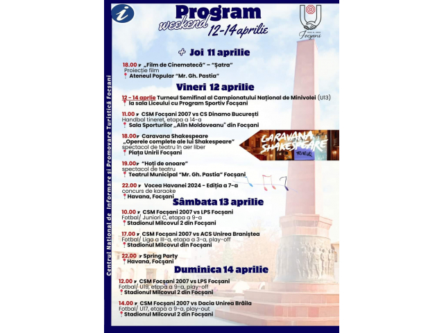 Program Weekend 12 – 14 aprilie 2024 în Focșani