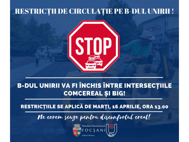 Bulevardul Unirii va fi închis traficului rutier între intersecțiile de la Comcereal și BIG