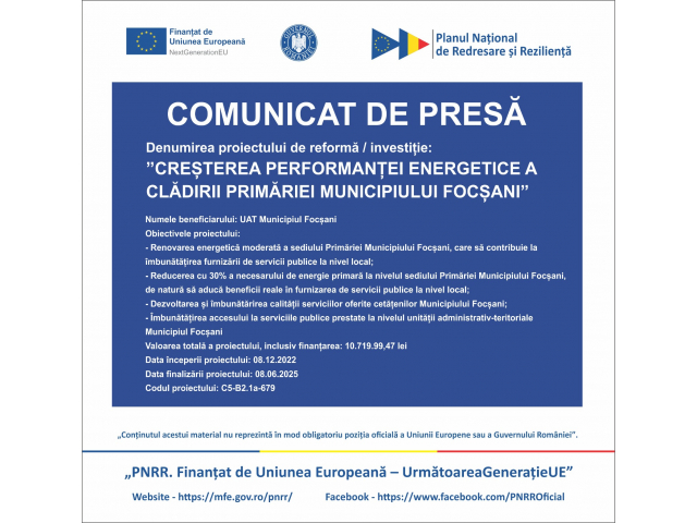 Comunicat – Cresterea eficientei energetice a cladirii Primariei Municipiului Focsani
