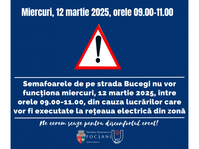 Semafoarele de pe str. Bucegi nu vor funcționa miercuri dimineață