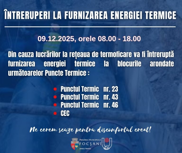 Anunț privind întreruperea temporară a furnizării energiei termice la blocurile arondate următoarelor Puncte Termice PT23, PT43, PT46 și CEC Anunț privind întreruperea temporară a furnizării energiei termice la blocurile arondate următoarelor Puncte Termice PT23, PT43, PT46 și CEC