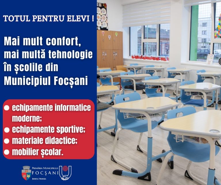 UAT Municipiului Focșani anunță finalizarea proiectului “Dotarea cu mobilier, materiale didactice și echipamente digitale a unităților de învățământ din Municipiul Focșani” în cadrul contractului de finanțare nr. 169DOT/2023 UAT Municipiului Focșani anunță finalizarea proiectului “Dotarea cu mobilier, materiale didactice și echipamente digitale a unităților de învățământ din Municipiul Focșani” în cadrul contractului de finanțare nr. 169DOT/2023